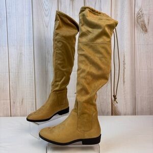 English Muffin Over-the-Knee Boots Drawstring Low Heel Classic Chic Boot Tan 6
